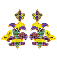 SEED BEADED MARDI GRAS JESTER HAT WITH MASK FLEUR DE LIS DROP EARRINGS