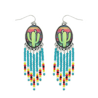WESTERN CACTUS SERAPE BUBBLE SEED BEADED TASSEL FRINGE DANGLE EARRINGS