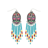 WESTERN CROSS SERAPE BUBBLE SEED BEADED TASSEL FRINGE DANGLE EARRINGS