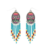 WESTERN STEER SKULL SERAPE BUBBLE SEED BEADED TASSEL FRINGE DANGLE EARRINGS