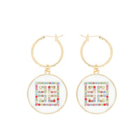 HOOP EARRINGS WITH RHINESTONE GREEK KEY SQUARE PATTERN SETTING ON EPOXY MEDALLION