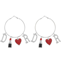 RHINESTONE LETTER DR WITH LIPSTICK AND HEART DANGLING HOOP EARRINGS HOOPS