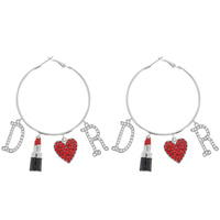 RHINESTONE LETTER DR WITH LIPSTICK AND HEART DANGLING HOOP EARRINGS HOOPS