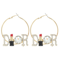 RHINESTONE LETTER DR WITH LIPSTICK AND HEART HOOP EARRINGS HOOPS