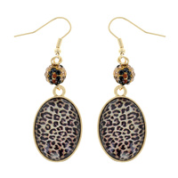 WESTERN LEOPARD CHEETAH OVAL CHARM RHINESTONE BALL DANGLE EARRINGS