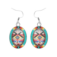 SEED BEAD LEOPARD/ AZTEC/SERAPE PRINT OVAL SHAPED CHARM DROP EARRINGS