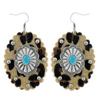 WESTERN LEOPARD CHEETAH PATTERN LEATHER CONCHO DANGLE EARRINGS