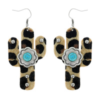 WESTERN LEOPARD CHEETAH PATTERN LEATHER CACTUS DANGLE EARRINGS