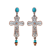 WESTERN SEMI-STONE TURQUOISE CROSS DROP POST EARRINGS