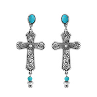 WESTERN SEMI-STONE TURQUOISE CROSS DROP POST EARRINGS