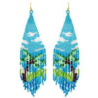 TROPICAL PALM TREE GRAPHIC FRINGE SEED BEAD EARRINGS