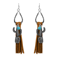 WESTERN SEMI-STONE CACTUS SUEDE FRINGE DANGLE EARRINGS