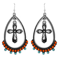 WESTERN CROSS CHARM SEED BEAD TEARDROP DANGLE EARRINGS