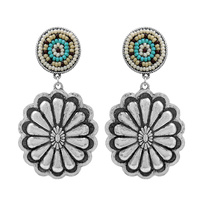 WESTERN MULTI COLOR SEED BEAD CONCHO DROP EARRINGS