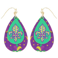 MARDI GRAS CARNIVAL CROWN FLEUR DE LIS PRINT WOODEN  DANGLE EARRINGS