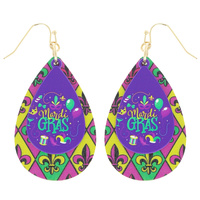 MARDI GRAS CARNIVAL CROWN FLEUR DE LIS PRINT WOODEN  DANGLE EARRINGS