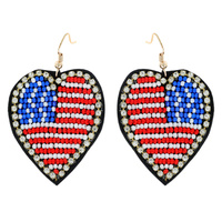 AMERICAN FLAG SEAD BEAD AND RHINESTONE PATRIOTIC HEART DESIGN DANGLE EARRINGS