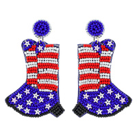 AMERIAN FLAG PATRIOTIC SEED BEAD COWBOY BOOTS DROP EARRINGS