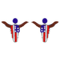 AMERIAN FLAG PATRIOTIC SEED BEAD LONGHORN DROP EARRINGS