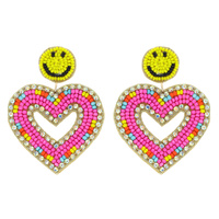 SEED BEAD AND RHINESTONE HEART DESIGN DROP EARRINGS WITH SMILEY FACE