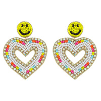 SEED BEAD AND RHINESTONE HEART DESIGN DROP EARRINGS WITH SMILEY FACE