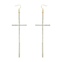 LONG RHINESTONE PAVE CROSS DROP EARRINGS