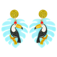 ENAMEL AND ACRYLIC TROPICAL PALM LEAF TOUCAN DANGLE EARRINGS