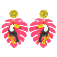 ENAMEL AND ACRYLIC TROPICAL PALM LEAF TOUCAN DANGLE EARRINGS