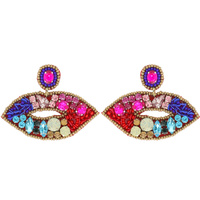 GEMSTONE SEED BEAD EMBELLISHED LIP MOUTH DANGLE EARRINGS