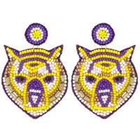 GAME DAY SPORTS SEED BEAD EMBELLISHED TIGER HEAD DROP EARRINGS