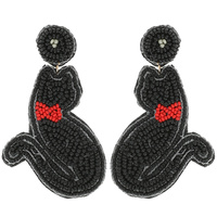 PET PARENT TUXEDO CAT SEED BEAD EMBELLISHED BOW TIE CAT DROP EARRINGS