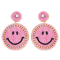 SMILEY FACE SEED BEAD AND  RHINESTONE DROP EARRINGS IN PINK AND YELLOW  - FASHION STATEMENT JEWELRY