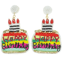 HAPPY BIRTHDAY SEED BEAD EMBELLISHED RAINBOW BIRTHDAY CAKE DROP EARRINGS