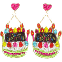 HEART POST HAPPY BIRTHDAY SEED BEAD EMBELLISHED BIRTHDAY CAKE DROP EARRINGS