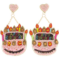 HEART POST HAPPY BIRTHDAY SEED BEAD EMBELLISHED BIRTHDAY CAKE DROP EARRINGS