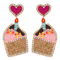 HEART POST SEED BEAD EMBELLISHED BIRTHDAY SPRINKLE CUPCAKES DROP EARRINGS