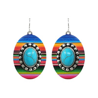WESTERN SERAPE PRINT OVAL SHAPED DANGLE EARRINGS WITH TURQUOISE STONE