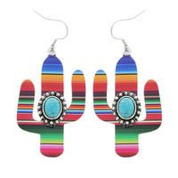 WESTERN SERAPE PRINT CACTUS SHAPED DANGLE EARRINGS WITH TURQUOISE STONE