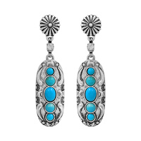 OXIDIZED SILVER TONE OVAL TURQUOISE DROP EARRINGS - WESTERN NATIVE AMERICAN BOHO JEWELRY