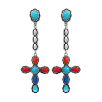 TURQUOISE CROSS LONG DROP EARRINGS - WESTERN NATIVE AMERICAN BOHO JEWELRY
