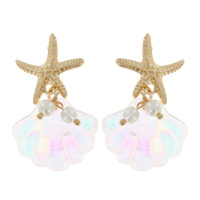 STARFISH - WHIMSICAL IRIDESCENT SPARKLY WHITE OPAL SEASHELL POST DROP CHARM EARRINGS