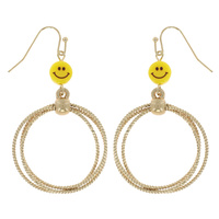 HAPPY FACE LAYERED 3-LINE CIRCULAR HOOP DANGLE HOOK EARRINGS