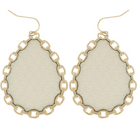 LINK CHAIN TRIM FAUX LEATHER TEARDROP DANGLE HOOK EARRINGS IN GOLD TONE