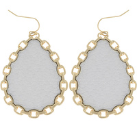 LINK CHAIN TRIM FAUX LEATHER TEARDROP DANGLE HOOK EARRINGS IN GOLD TONE