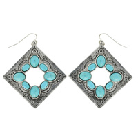 SQUARE - VINTAGE WESTERN STYLE SEMI STONE INLAY FISH HOOK DANGLE EARRINGS