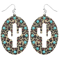 WESTERN TURQUOISE BEADED SUNFLOWER PRINT CACTUS SILHOUETTE CUT OUT WOODEN OVAL DROP EARRINGS