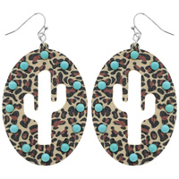 WESTERN TURQUOISE BEADED SUNFLOWER PRINT CACTUS SILHOUETTE CUT OUT WOODEN OVAL DROP EARRINGS