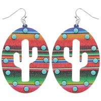 WESTERN TURQUOISE BEADED SERAPE PRINT CACTUS SILHOUETTE CUT OUT WOODEN OVAL DROP EARRINGS