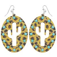 WESTERN TURQUOISE BEADED LEOPARD PRINT CACTUS SILHOUETTE CUT OUT WOODEN OVAL DROP EARRINGS