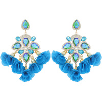 LARGE  FLORAL CHANDELIER DROP EARRINGS WITH CRYSTAL STONE BASE - BOHO STATEMENT JEWELRY